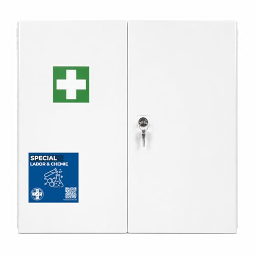 First Aid Products Verbandschrank Labor Chemie DIN 13169 - bis 100 Personen | zweitürig | Medikamentenfach | Erste-Hilfe-Schrank Betrieb | Wandmontage | abschließbar 60x50x13 cm weiß