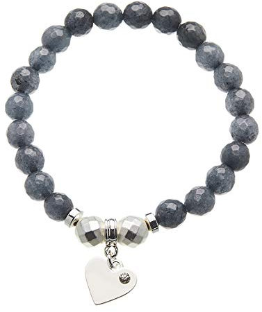 Bello London Grau Jade Perlen-Armband mit einem versilbertem Herz Charme - Rae G07
