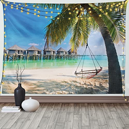 ABAKUHAUS Strand Wandteppich und Tagesdecke, Karibik Tropical Coast aus Weiches Mikrofaser Stoff Waschbar ohne Verblassen Digitaldruck, 230 x 140 cm, Aqua