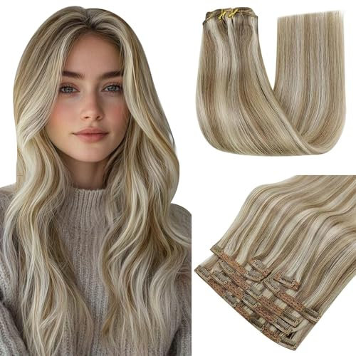 RUNATURE Echthaar Extensions Clip Braun Blond 50cm 7Pcs Seamless Remy Clip in Extensions Echthaar Braun Highlights Blond Echte Haare 120g Extensions Echthaar Clip Gerade #8P60