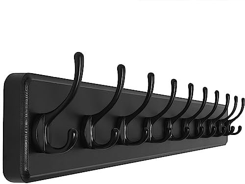 SKOLOO Garderobenleiste Holz Schwarz, 98 cm langer, hölzerner Kleiderhaken Wand, Rustikaler Stil, Stabil garderobenhaken mit 10 Haken