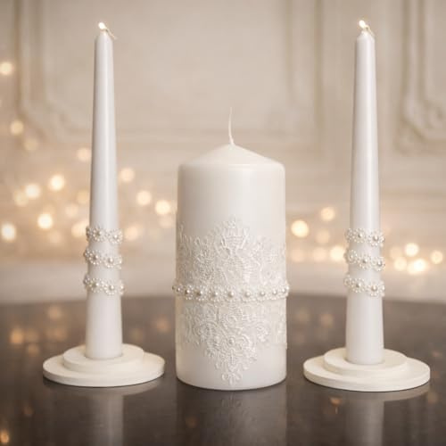 Magik Life Lace Elegance Einheitskerzen-Set für Hochzeitszeremonie und Empfang, weiße Einheitskerzen mit Perlendekor, 15,2 cm Stumpen und zwei 25,4 cm Stabkerzen, Brautschmuck, Hochzeit, Andenken