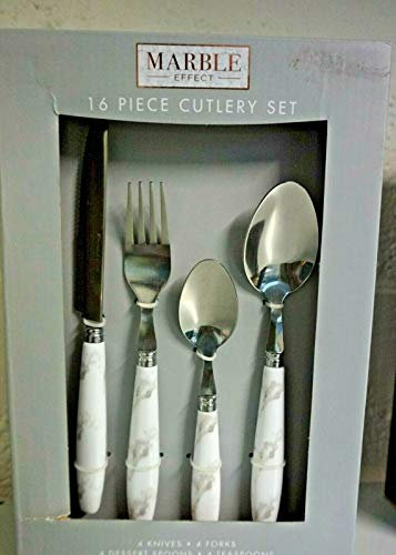 New White & Grey Color Marble Effect 16 Piece Cutlery Set for Dining - 4 Knives 4 Dessert Spoon 4 Forks 4 Teaspoons