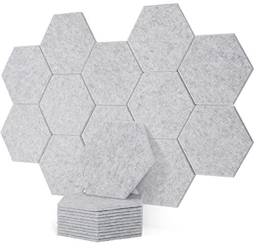 Rdutuok Rdutuok sechseckige Akustikplatten mit hoher Dichte, 30 x 26 x 1 cm, abgeschrägte Kanten, schalldichte Polsterung für Aufnahmen, Büros, Zuhause und Wanddekoration, Silbergrau, 12 Stück