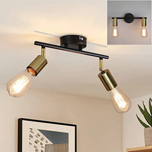 CBJKTX Deckenleuchte 2 Flammig Vintage Deckenstrahler - E27 Deckenlampe Schwarz-Gold Flurlampe Schwenkbar 360° Deckenspots Industrial Modern Spotleuchte Spotbalken für Küche Flur Gänge