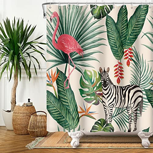 Flamant Rideau de Douche Tropical Palmier 90x183cm Feuille de Banane Verte Étanche pour Salle de Bain Été Thème Tissu Polyester avec Crochets