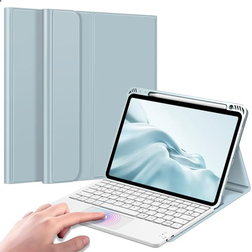 FINTIE Tastatur Hülle für iPad Air 11 Zoll, iPad Air 5./4. Gen (10,9 Zoll) | Magnetisch abnehmbare deutsche Bluetooth-Tastatur mit Touchpad, weiche Schutzhülle mit Stifthalter, Eisblau