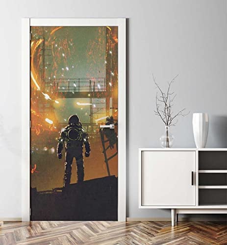 MyMaxxi - Tür bekleben mit Türtapete Türposter Türfolie Selbstklebend 90x200 Astronaut in zerstörter Raumstation - Tür verschönern Türaufkleber Türklebefolie Planet Galaxie schwarz rot