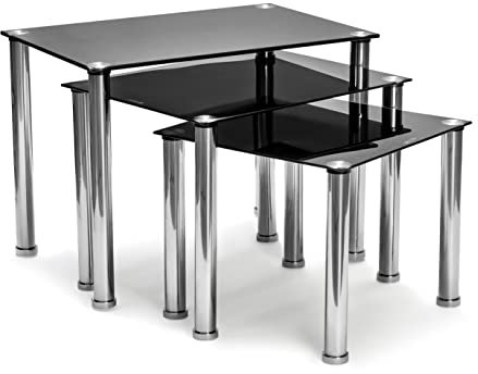 7Star Lot de 3 tables gigognes en verre transparent avec finition miroir et pieds chromés Noir