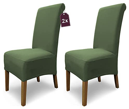 Scheffler Home Stuhlhussen Emma Cottina Oliv-Grün 2er Set – Elastische waschbare Stuhlbezüge aus Baumwolle – Stuhlabdeckungen für Hochlehner Esszimmerstühle – Öko-Tex Zertifiziert