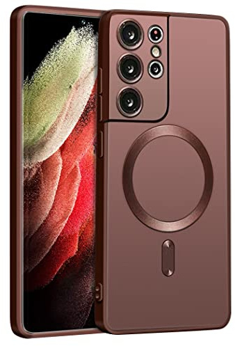 Luhuanx Magnetische Hülle für Samsung Galaxy S22 Ultra 5G, S22 Ultra Hüllen Mit Vollabdeckung Objektiv, Wireless Chager, Bildschirm-Kamera-Schutzhülle -braun