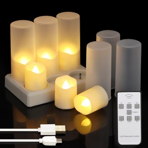 ZIYOUDOLI Wiederaufladbare LED Teelichter Aufladbare Set mit 6 Elektrischen Votiv-Teelichtern Warmweiß Dimmbar LED Kerzen mit Fernbedienung Timer und Ladehalterung für Halloween Weihnachten Home Deko