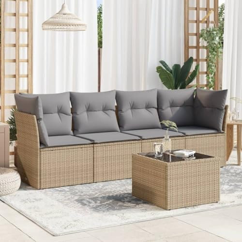 QJBSAVVA 5-TLG. Garten-Sofagarnitur, Eckbankgruppe Gartenmöbel Set Gartenlounge Garten Essgruppe Geeignet für Garten Außen Balkon Wenig Platz mit Kissen Beige Poly Rattan