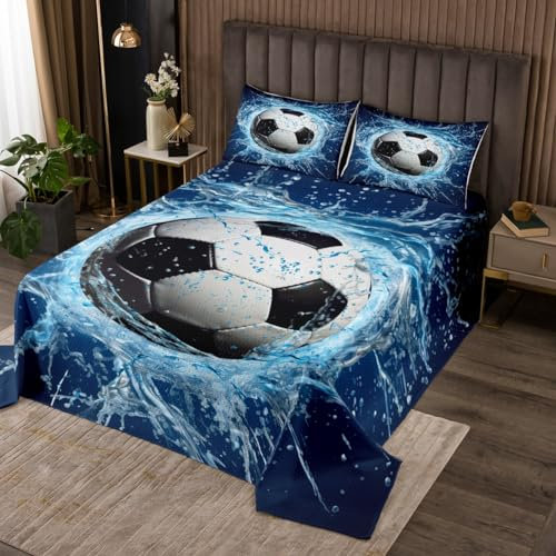 Homemissing Set di biancheria da letto per bambini con copriletto trapuntato blu a tema calcio, per ragazzi e ragazze, con stampa 3D, per donne e uomini, a tema sportivo, con 2 federe