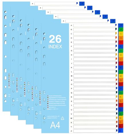 LELADY 26-teiliges Register A4, 6 Stück A-Z Ordner Register A4 | Trennblätter aus PP für Ordner A4, Mehrfarbig Ordner Trennblätter mit 11 Löchern Deckblatt für Schule, Büro