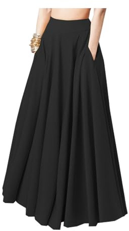 Langer Faltenrock für Damen, einfarbig, Übergröße, elastisch, hohe Taille, A-Linie, schwingender Rock, fließender Maxirock mit Taschen