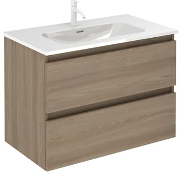 EstiloBaño - Aurora | Conjunto Mueble de Baño SUSPENDIDO con 2 Cajones + Lavabo | Disponible 60-80-100 + Blanco - Nogal 【Ancho 80】 【Nogal】
