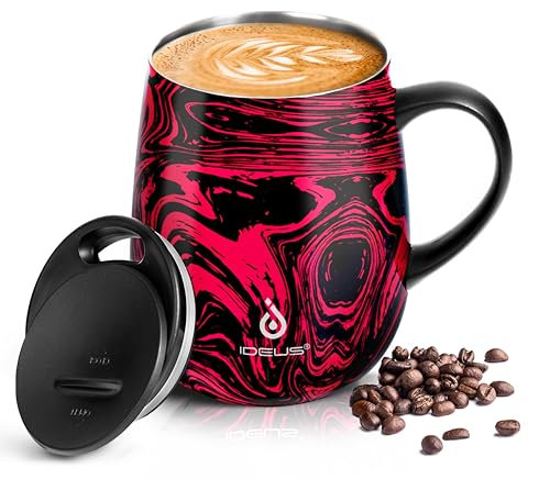 Ideus® Kaffeebecher 470 ml (16 oz), doppelwandige vakuumisolierte Kaffee- und Teetasse aus Edelstahl mit rutschfestem Griff und Schiebemoduldeckel und großem Volumen (Rotes Zebra)