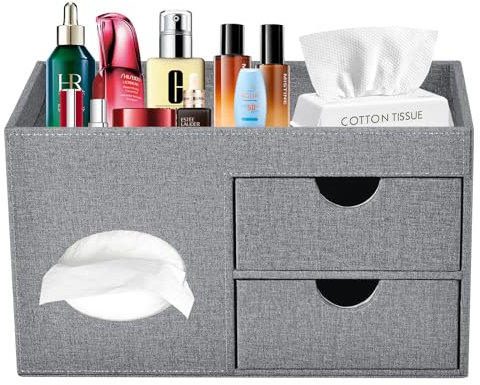 Taschentücher Box Leder mit Schubladen,Quadratische Kosmetiktücher Box mit Magnetverschluss,Tücherbox mit Seitentasche für Mobiltelefone,Kosmetikpinsel,Fernbedienungen,Büroartikel,Parfüms (Grau)