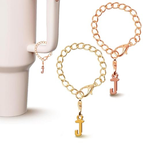 PAZLOG Letter Charm Accessories for Stanley Mug, Gold and Rose Gold, A-Z, Initial Chain, Water Bottle, Name ID Pendant for Stanley 76 and 1.2L Cup, Yeti, Simple Modern Cup Handle (J