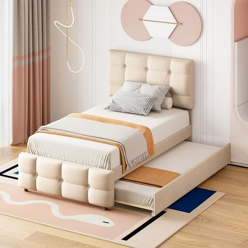 Kinderbett Polsterbett 90x200 Bettgestell Ausziehbett, Einzelbett mit Ausziehbarem Bett für 2 Kinder, Jugendbett Gästebett Schlafsofa mit Lattenrost, Verstellbares Kopfteil,Leinen,Beige,Ohne Matratze