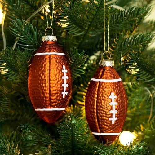 Amanman Glass Christmas Ornaments 2024, Set of 2 Football Blown Glass Ornaments for Christmas Tree Decorations, Rugby Ornament for Christmas Tree