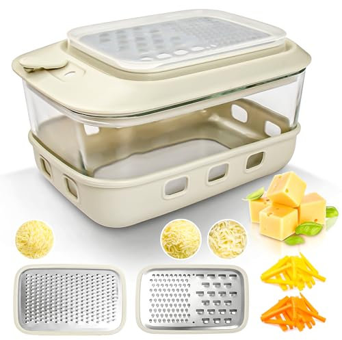 COOK A FUTURE Käsereibe mit Glas Behälter und Deckel,Käsereibe mit Silikonhüllen,Handreibe,für grobes, mittleres, feines,für geschredderten Käse, Ingwer, Zitrone, Karotte, Gemüse