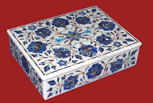 Gifts And Artefacts Rechteckige Schmuckschatulle mit Lapislazuli-Steineineinlage, 30,5 x 22,9 cm, weißer Marmor, Schmuckschatulle für Einweihungsgeschenk