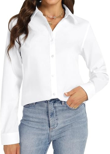 J.VER Women's White Long Sleeve Dress Shirt Stretch Solid Fitted Button UP Shirt Executive Office Work Business Casual Blouse M