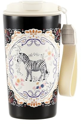 Animal Print Insulated Travel Mug 500ml, Ceramic‑Lined Stainless Steel Coffee Cup, Leakproof Lid with Sip Spout & Straw, Anti‑Slip Base, Carry Lanyard, Hot Cold Reusable Cup,Zebra