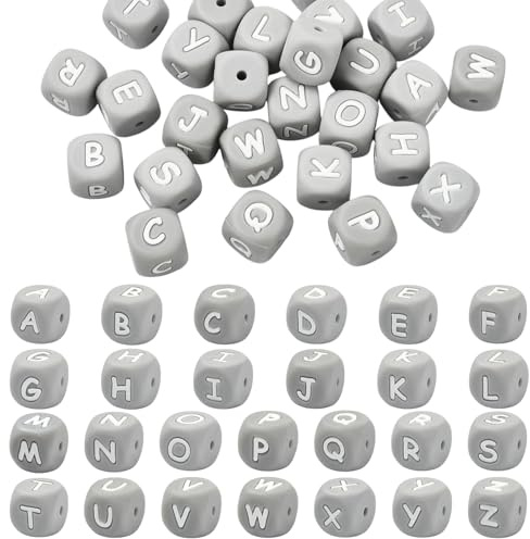 LEGENTLISUR Silikon Buchstabenperlen 12mm Quadratische, 26 Stück | Grau Würfel Alphabet Lose Perlen, Für Freundschaftsarmbänder Wörter Schlüsselanhänger Schmuck Basteln DIY Projekte