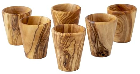 6er Set Handmade Olivenholz Schnapsglas (20ml) | Naturholz Tumbler für Espresso, Spirituosen, Raki, Likör | Umweltfreundliches tunesisches Handwerk | Kostenloses Bienenwachs & Individuelle Gravur
