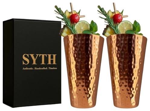 SYTH Trinkglas aus 100 % reinem Kupfer, 530 ml, großes Trinkglas für Cocktails, Eistee, Moscow Mule, Wasser, ayurvedische Detox, handgefertigte gehämmerte Kupferbecher, luxuriöse Geschenkverpackung, 2