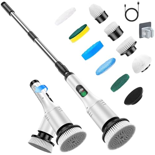 Electric Spin Scrubber, 2026 Upgraded Cordless Electric Cleaning Brush with 9 Replaceable Brush Heads,IPX6 Waterproof, Adjustable Angle, Extendable Long Handle, 2 Speeds for Bathroom,Kitchen,Tile,Car