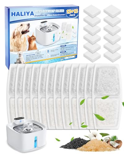 Haliya 12+12 Stück Katzenbrunnen Filter für Pliera 3.2L Katzenbrunnen | Wasserfilter Trinkbrunnen, Katzenzubehör für Katzenbrunnen mit Mehrschicht-Filterung, Mehrlagiger Filteraufbau