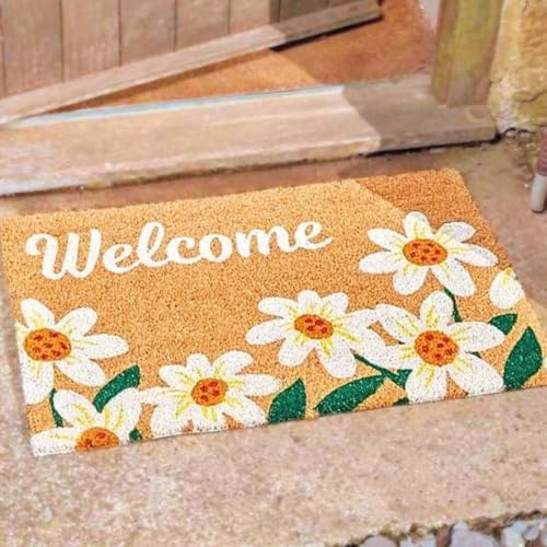 Floral Welcome Coir Door Mat, Heavy Duty Non Slip Entrance Mat 45 x 75cm | Natural Coco Coir Dirt Trapper for Indoor Outdoor Front Door, Porch, Patio, Hallway & Home