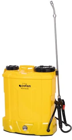 Cofan Pulverizador de Espalda Eléctrico, Sulfatadora Profesional de 12 litros, Batería de Litio 12 V, Lanza de Acero Inoxidable, 4 Boquillas Incluidas (Amarillo, 16 litros, Pulverizador de Espalda)