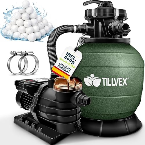 tillvex® Sandfilteranlage Pool mit Timer 10 m³/h + 800g Filterbälle | Filteranlage inkl. 7-Wege Ventil & 2in1 Adapter Ø32 - 38mm | Poolfilter mit Druckanzeige & Pumpe | Sandfilter Selbstansaugend