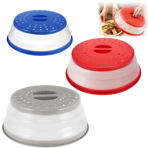 3 Pack Microwave Food Covers, Collapsible Vented Microwave Lid for Food BPA Free TPR Splatter Guard with 3 Size for Fruit Vegetables