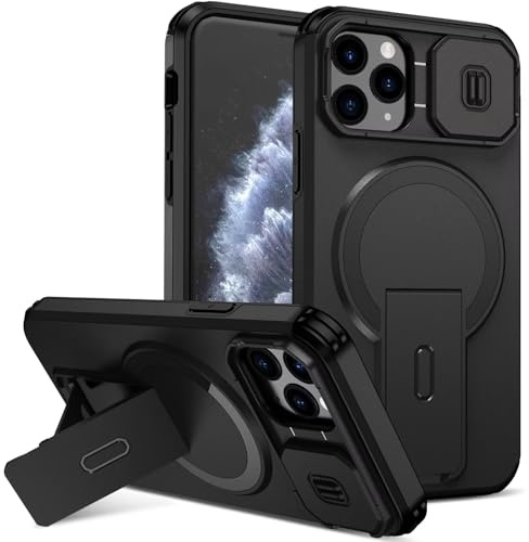 custodia per iPhone 12 Pro Max con ring stand magnetico, cover militare antiurto con protezione fotocamera scorrevole compatible with MagSafe ricarica wireless Nero
