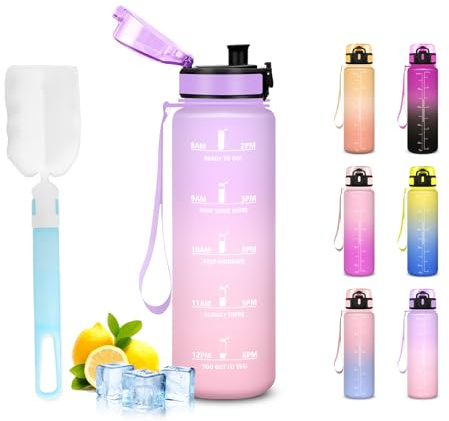 Mujigaga Trinkflasche Kinder, Wasserflasche 0 5 liter, Trinkflasche mit Wasserbecherbürste, Wasserflasche Auslaufsicher, mit Zeitmarkierung, Flasche für Schule, Büro, Fitness, Outdoor