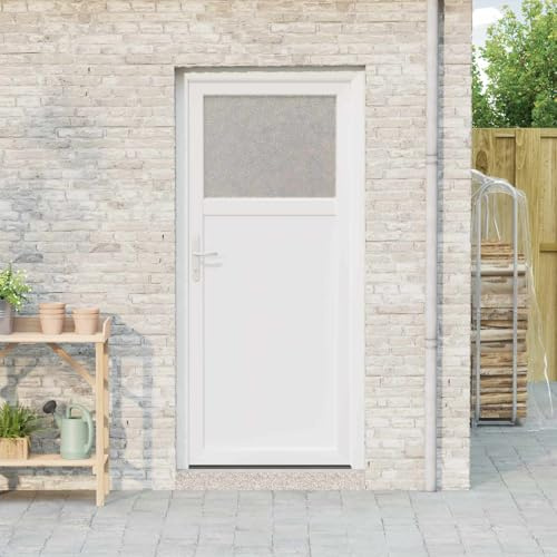 Tonture Puerta de entrada lateral blanca PVC 88 x 198 cm con cierre de 5 puntos y umbral de aluminio, incluye asa de acero inoxidable, llave, acristalamiento térmico para entrada lateral y exterior