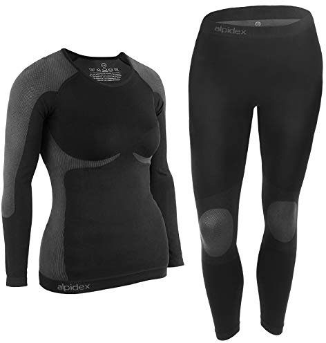 ALPIDEX Damen Funktionswäsche Thermounterwäsche Skiunterwäsche - atmungsaktiv, wärmend und schnell trocknend, Größe:S/M, Farbe:Black-Grey