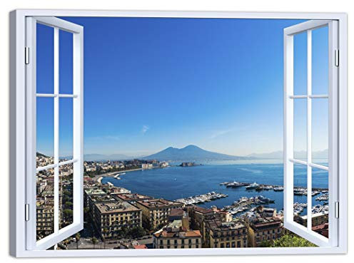 LuxHomeDecor Quadro Finestra Napoli Vesuvio 100x75 cm Stampa su Tela con Telaio in Legno Arredamento Arte Arredo Moderno