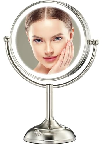 Professional 8.5 Large Lighted Makeup Mirror with Brighter Lights, 1X/10X True HD Magnifying Mirror with 3 Color Dimmable Lights, 90 Shadowless LEDs, 360°Swivel Seamless Vanity Mirror, Pearl Nickel