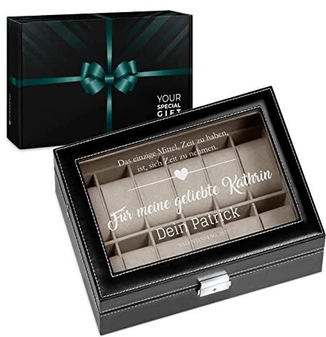 Maverton Uhrenbox mit Gravur für 12 Uhren, Jewelkeeper, Schwarz | Uhrenkasten aus Kunstleder, Geschenk für Damen