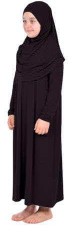 Einteiliges muslimisches Kleid für Mädchen Langarm Islamisches Gebetskleid mit Kopfschal für muslimische Mädchen Jilbab Hijab Muslim Girls Mode Abayas Größe: 8-12 Jahre alte Farbe: Schwarz