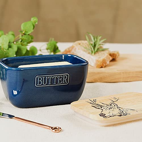 The Just Slate Company Bee Oak & Ceramic Butter Dish Blue JS/SO/BD/B/BM
