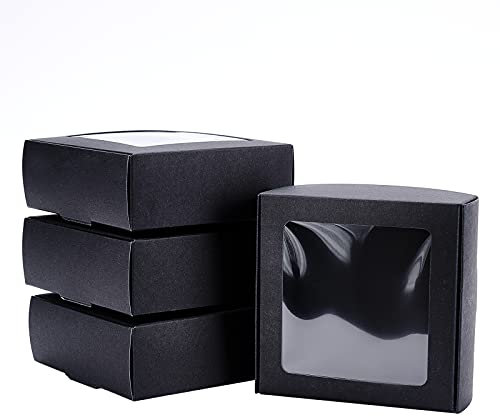 BENECREAT 20 Packung Schwarze Kraftpapierboxen Mit Klarem Fenster 9.5x9.5x3.5 cm Geschenkverpackungsboxen Für Schmuck Speicher Display, Hochzeit, Valentinstag