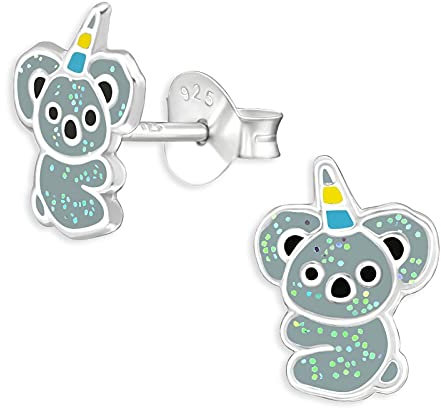 Monkimau Kinderohrringe Koala Einhorn Ohrstecker aus 925 Sterling Silber grau emailliert